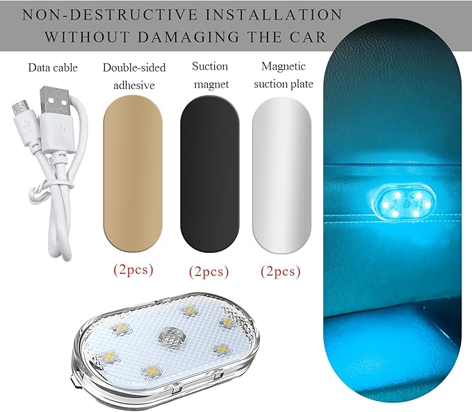 2 PCS Car LED Lights Interior Wireless, Magnetic Car Ambient Lighting with 6 Bright LED Lamp Beads, Portable USB Rechargeable Vehicle Interior Led Night Light for Car (Ice Blue)
