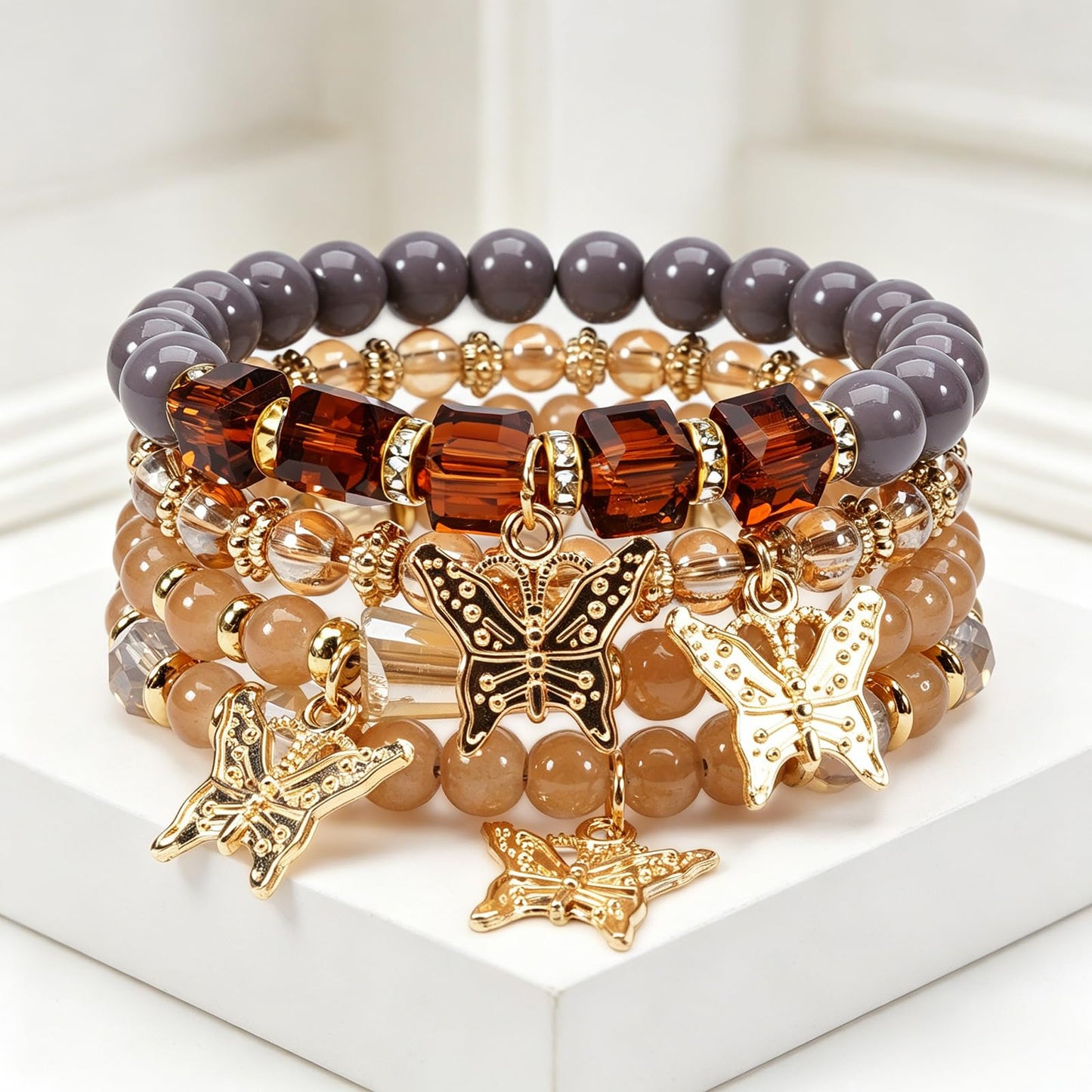 Briutn 4Pcs Butterfly Stackable Beaded Bracelets for Women Bohemian Elastic Stretch Bracelet Set Fashion Jewelry Gifts