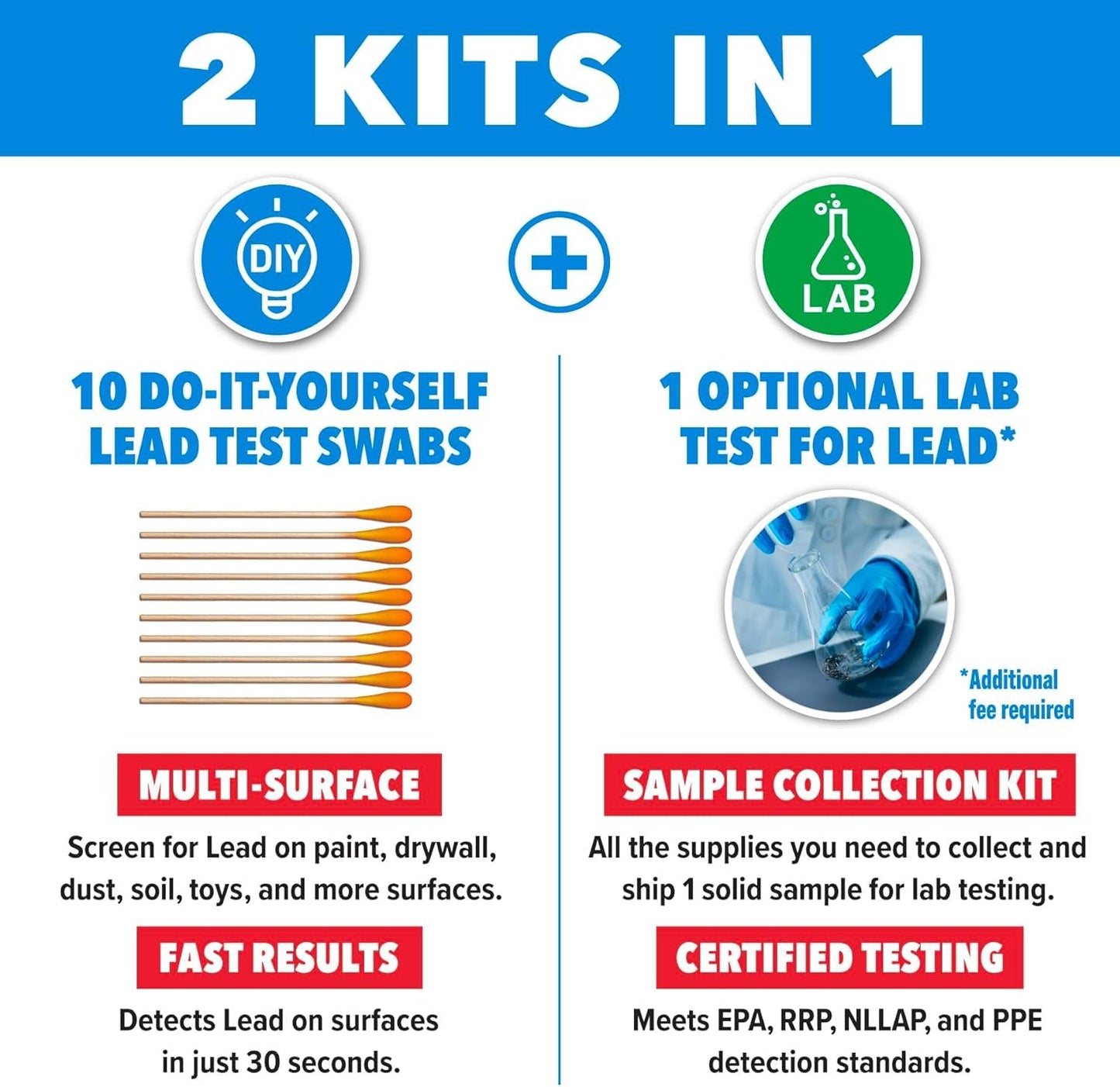 Safe Home® Lead in Solids Combo Test Kit – 10 DIY Swabs + Optional Testing at our EPA Certified Lab – Made in the USA for Homeowners & Contractors – (2 Pack)