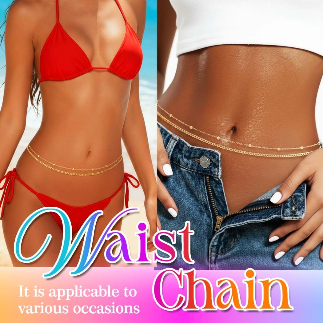 Asooll Beads Waist Belly Chain Gold Layered Summer Beach Bikini Adjustable Body Accessories for Women (SET A, Free size)