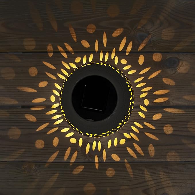 Solar Table Lantern Outdoor Waterproof- Solar Powered LED Light Hollowed-Out White Metal Desktop Decorative Lamp for Women Mom Indoor Desk Bedroom Patio Garden Pathway Yard Decor
