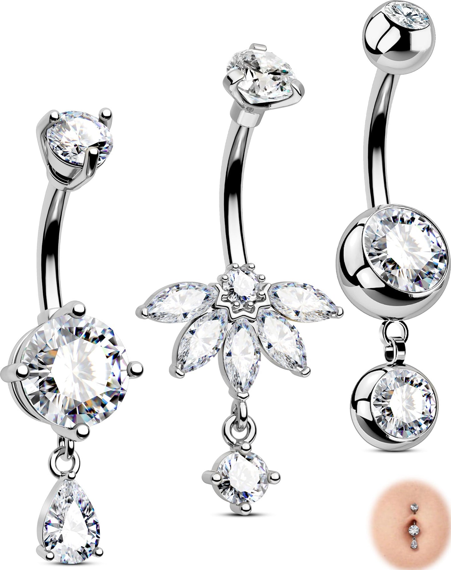 OUFER 3PCS Silver Dangle Belly Button Rings, 316L Surgical Steel Belly Rings for Women Dangling, 14G Flower Crystal Navel Piercing Jewelry, Clear CZ Curved Barbells