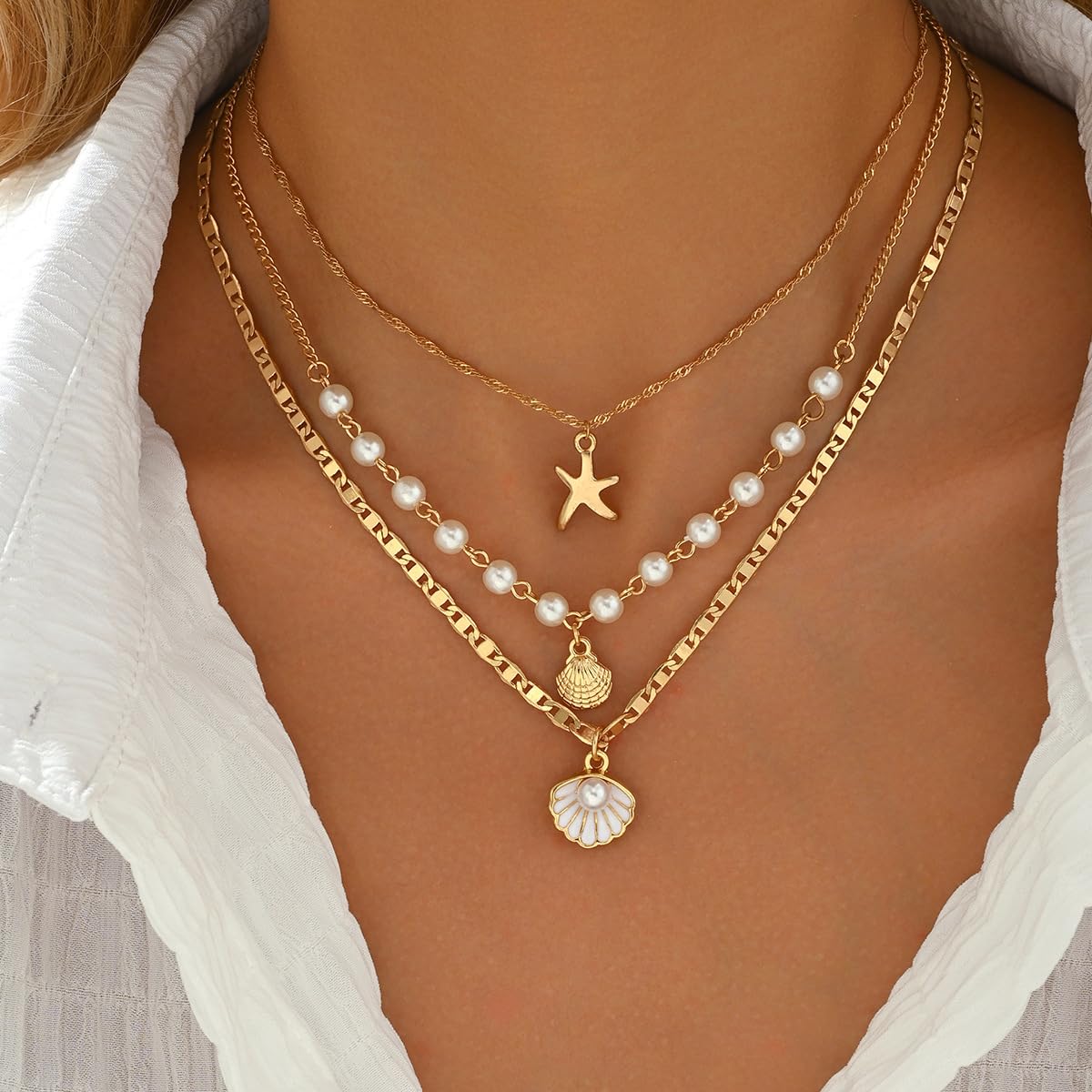 ONBRIG Seashell Necklace Beach Jewelry for Women Starfish Cowrie Puka Shell Necklaces Summer Beach Accessories for Women Vacation Mermaid Ocean Jewelry (style 2)