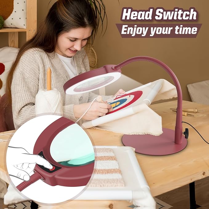 10X Magnifying Glass with Light and Stand, 5 Color Modes Stepless Dimmable LED Lighted Desk Lamp, Hands Free Flexible Gooseneck Magnifier with Light for Craft Hobby Painting Close Work - Red
