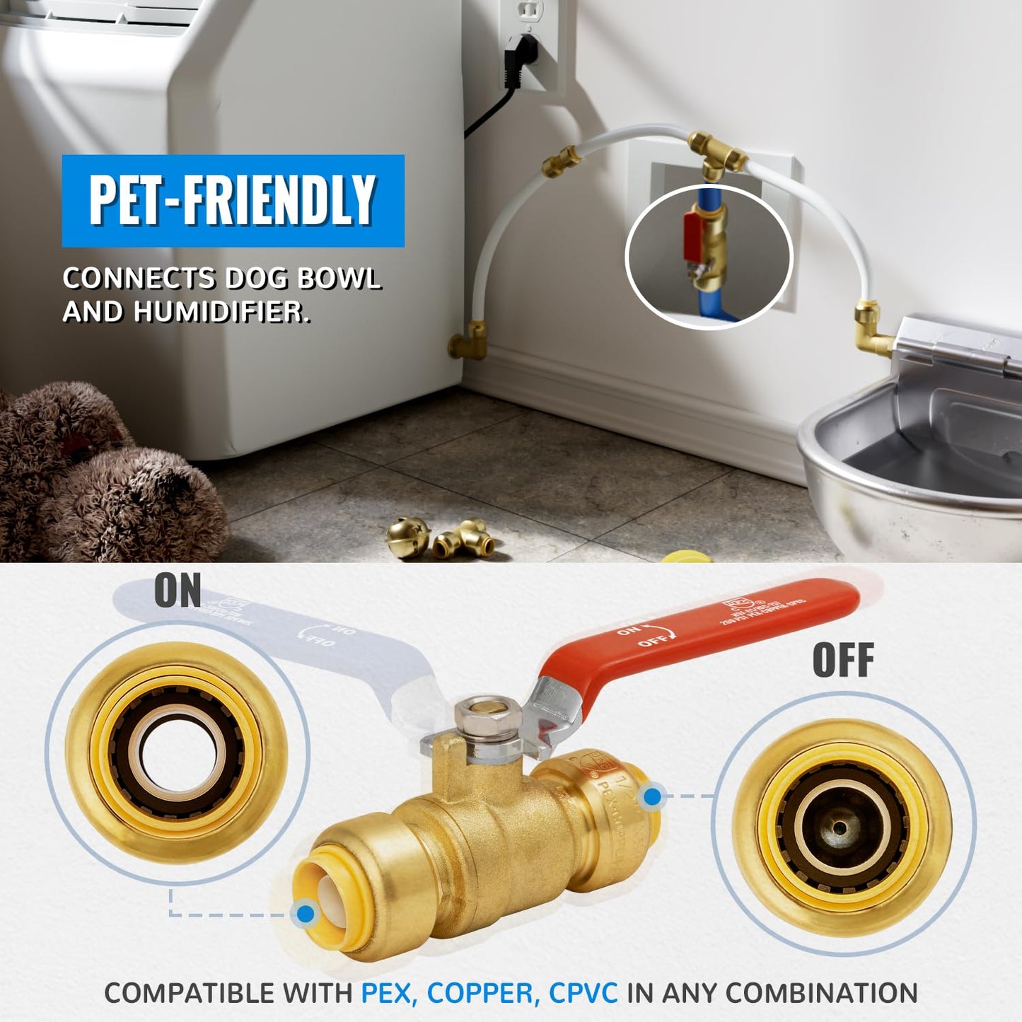 Shut Off Ball Valve 1/2 Inch, SUNGATOR 1/2 Inch Ball Valve, Push-to-Connect Water Shutoff, Easily Match to Pipe using Red and Blue Handle, No Lead Brass Fittings for PEX Pipe, Copper, CPVC, Pack of 2