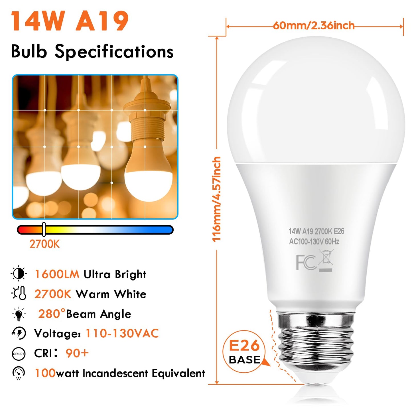 Kondras 12-Pack A19 LED Light Bulb 100 Watt Equivalent, 14W 1600LM Non-Dimmable Bright Light Bulbs, 2700K Warm White Standard E26 Base LED Bulbs for Kitchen Bathroom Home Lighting Lamp, 90+ High CRI