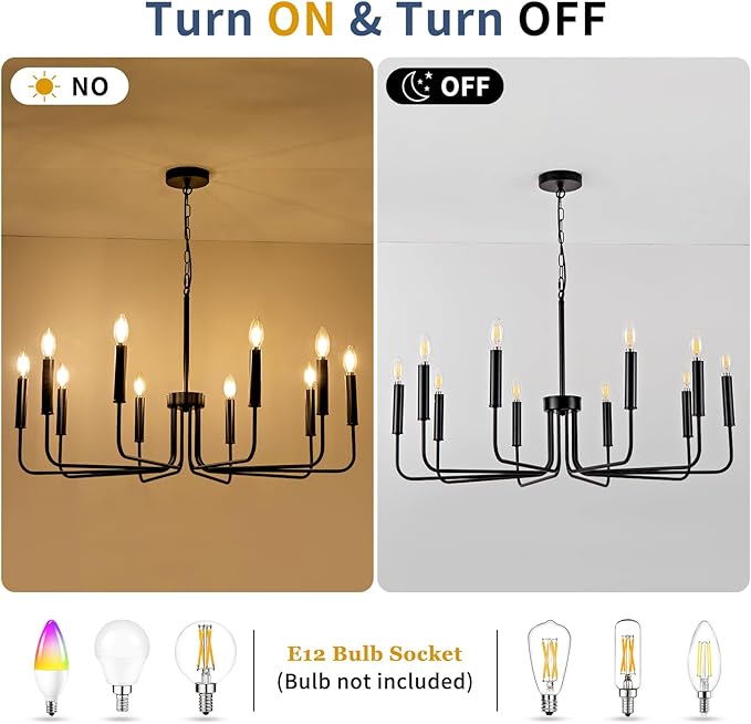 Farmhouse Candle Chandelier, 10 Light Rustic Black Ceiling Pendant Light Fixture, L-Arm Design Industrial Dining Room Hanging Lighting for Living Room, Entryway, Foyer, Kitchen Island