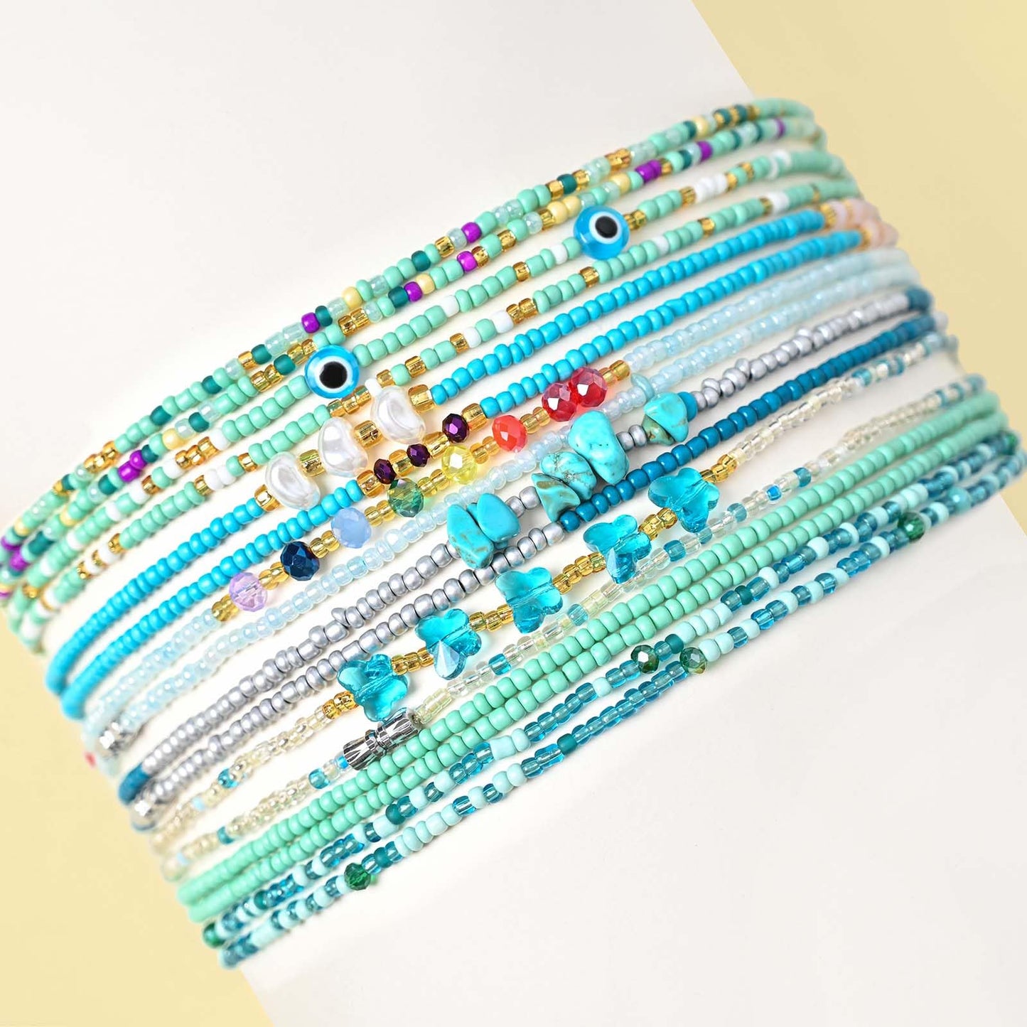 ELABEST Adjustable Handmade Waist Beads Stretchy 23-52 inch 8Pcs Chakra Yoga Body Belly Beaded Women Waist, Anklet, Bracelet, Necklace Jewelry with Screw clasp (Cyan, 31.5inch/80cm)