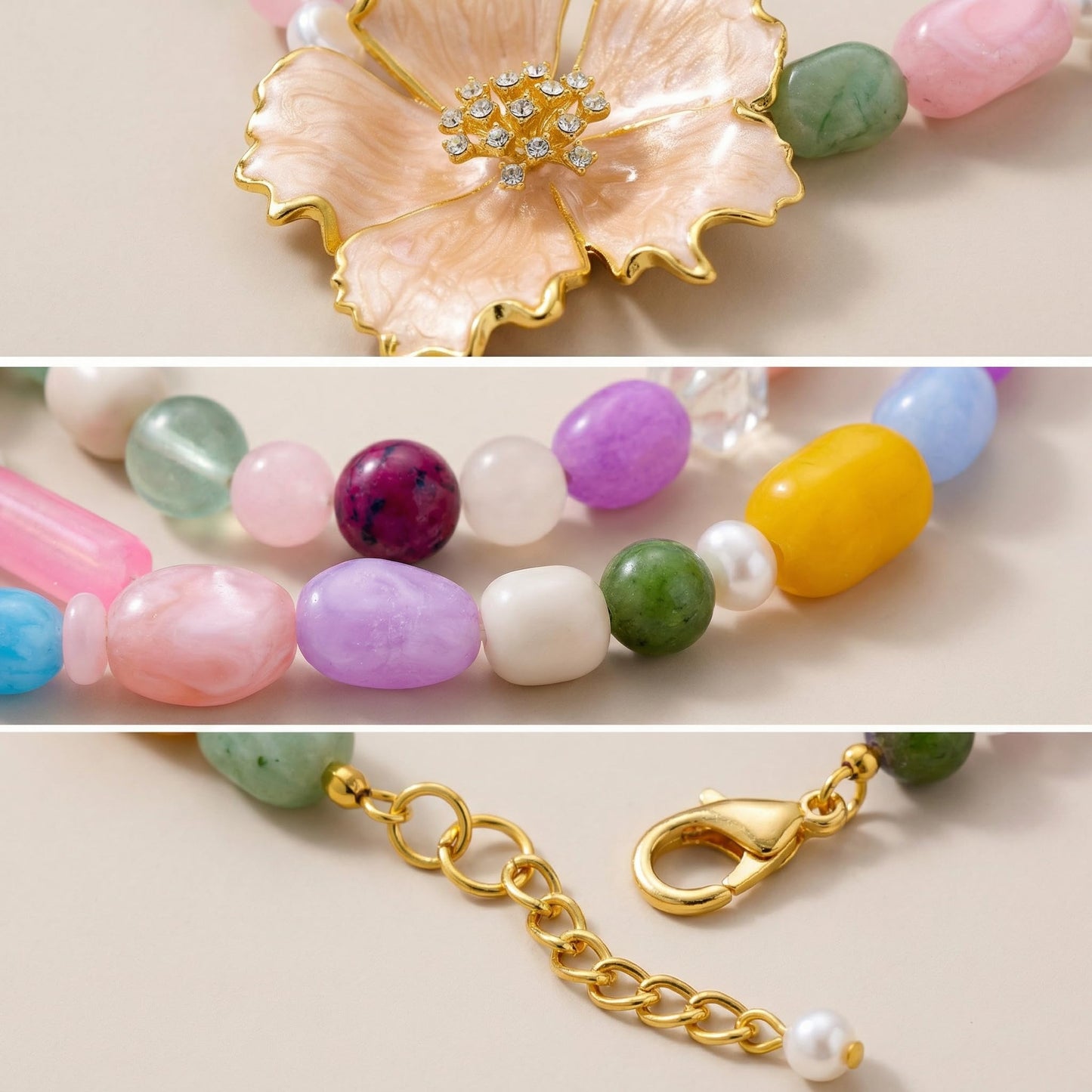 CLASSYZINT Flower Pendant Necklace Colorful Beaded Choker with Gold Flower Pendant Boho Summer Everyday Party Accessory for Women