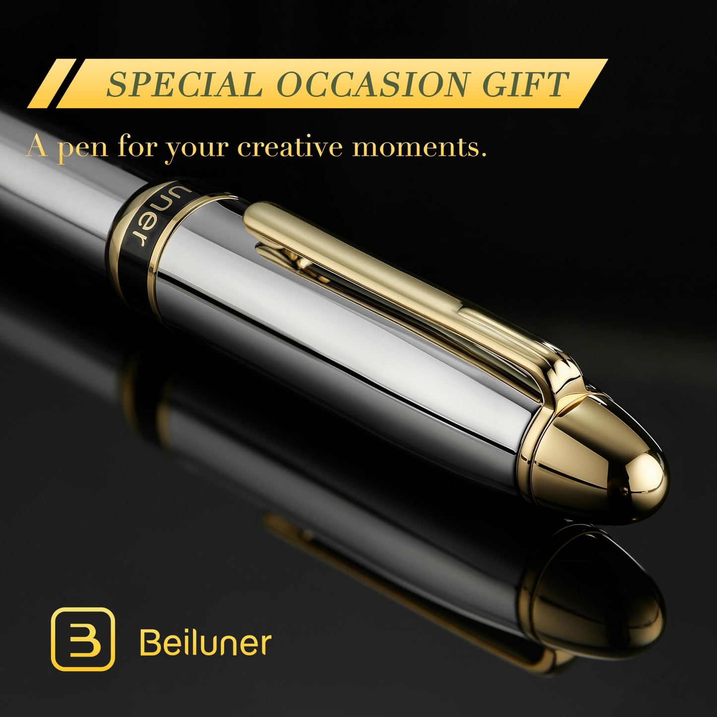 BEILUNER 315 Silver Chrome Fountain Pen,Stunning Luxury Pens with 24K Gold Accents, Gorgeous 24K Gilded Nib(Fine), Ink Converter,Fancy Pen Gift for Men&Women-Elegant, Office, Writing, Nice Design
