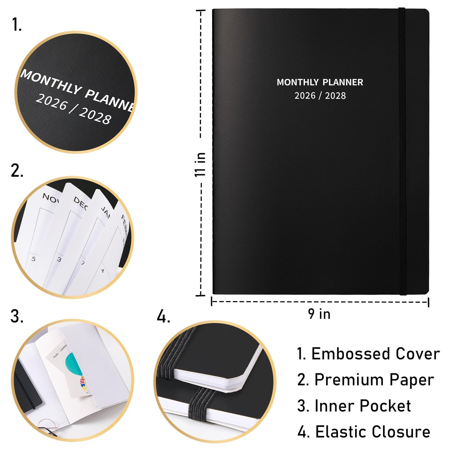 2026-2028 Monthly Planner/Calendar - 2 Year Calendar 2026-2028, Jul. 2026 - Jun. 2028, 9'' × 11'', 24 Months Planner with Embossed Cover, Inner Pocket, Premium Paper, Elastic Closure
