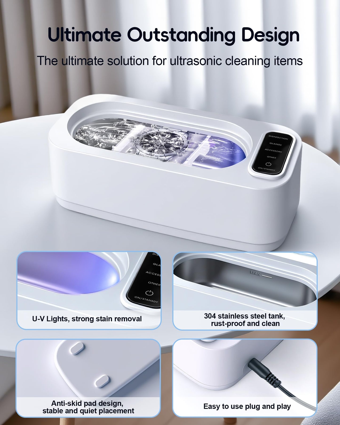 Ultrasonic Jewelry Cleaner Machine, 48KHz Ring Ultrasonic Cleaner, 4 Cleaning Modes - Suitable for Eyeglasses, Jewelry, Rings, Watchbands, Braces, Dentures, 13.5oz 304 Stainless Steel Tank for Gift