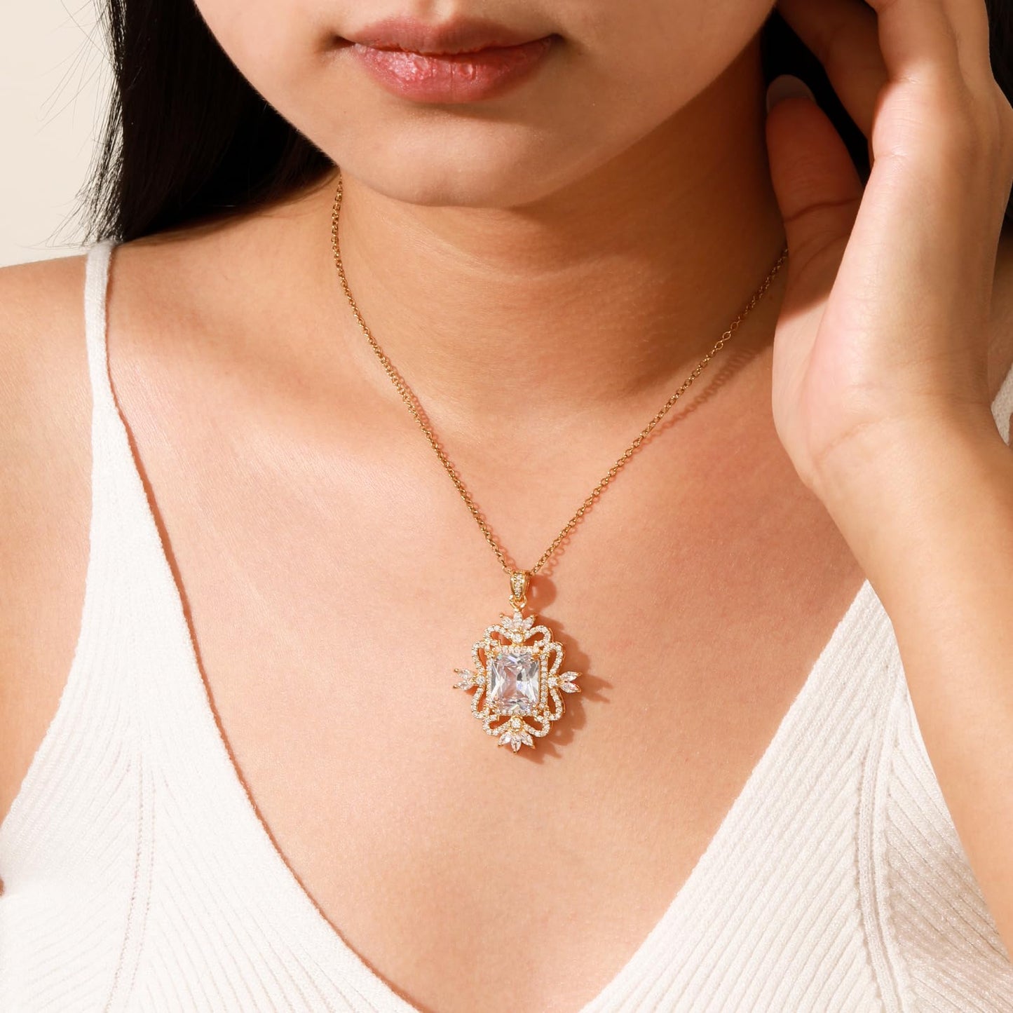 Baroque Square April Birthstone Diamond Necklaces for Women-Gold Plated Imitation Diamond Pendant Waterproof Non Tarnish Maximalist Jewelry For Birthday Valentines Day Mother's Day Christmas Thanksgiving Gifts