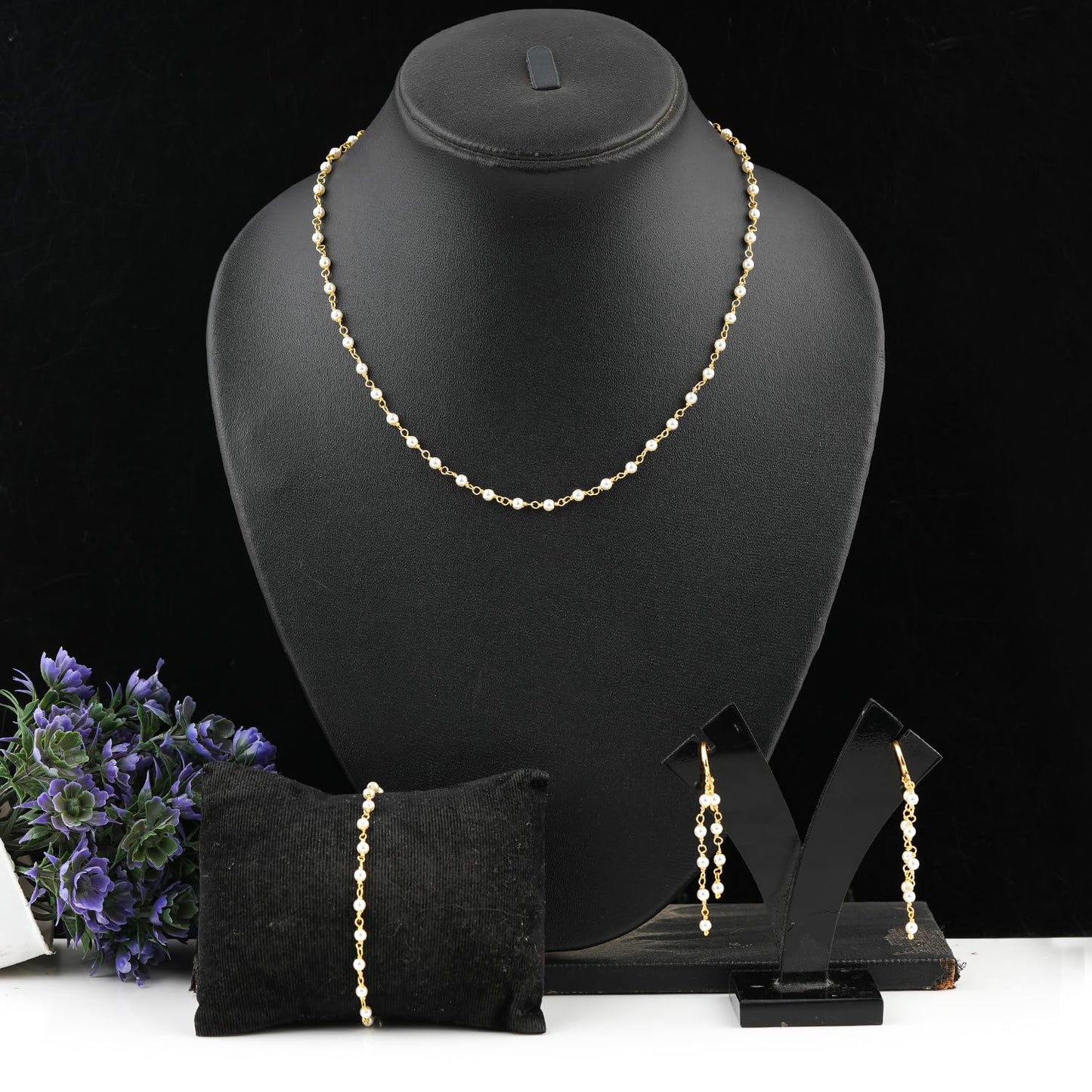 CRYSTALINES White Pearl Beads Rosary Chain Jewelry Set, Natural Gemstone Cluster Combo Set, Gold Plated Rosary Bracelets, Necklace, Earrings Handmade Jewelry for Women