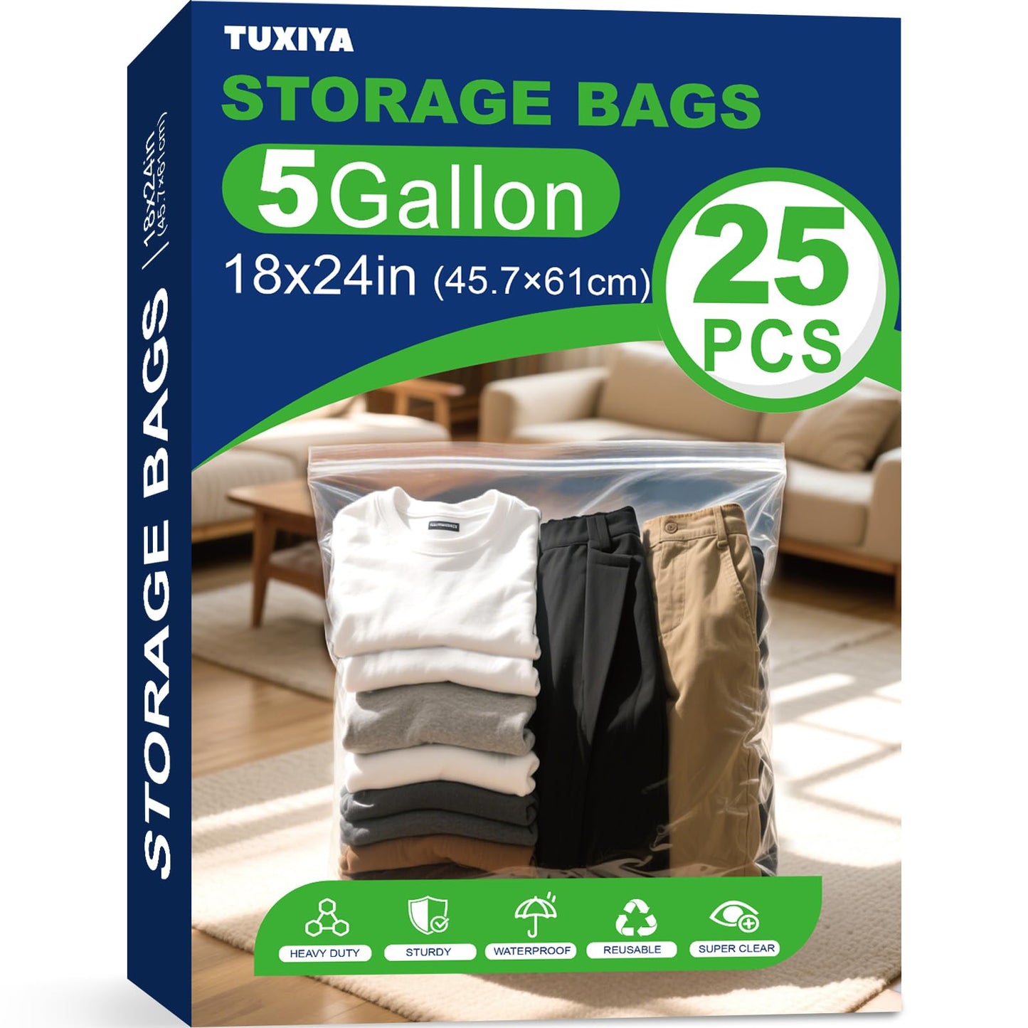 TUXIYA 25PACK 5 Gallon Large Zipper Bags for Storage 18 x 24 Inch, Large Clear Zipper Bags Reusable with Sealable Zippers Top for Clothes, Travel & Moving,Thick 4 Mil