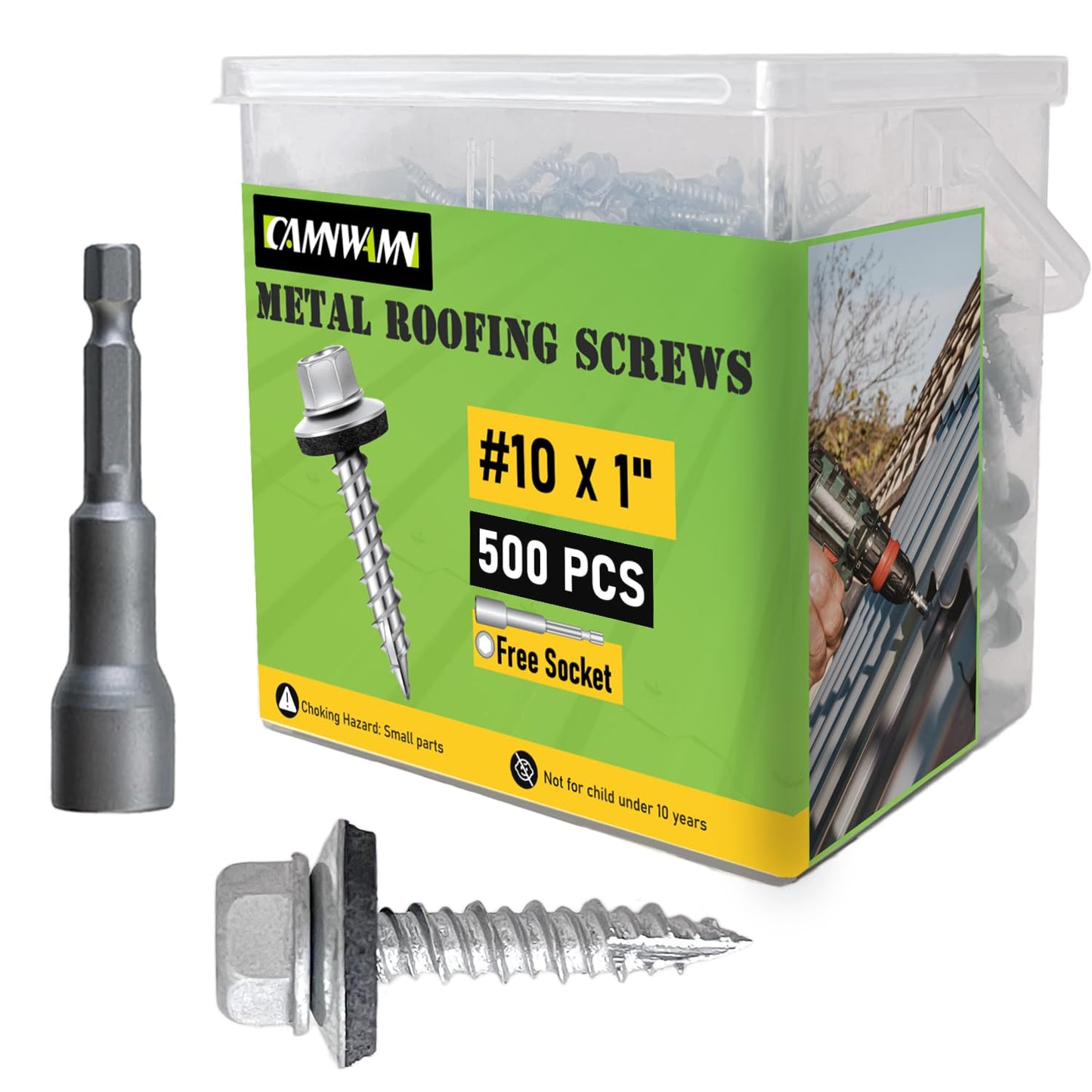 CAMNWAMN 500 Pcs, #10 x 1 Inch Hex Head Metal Roofing Screws, Zinc Plated Sharp Point Sheet Metal Roof Screw with Rubber Washer, Self Tapping Metal to Wood Siding Screws, Hex Socket Included