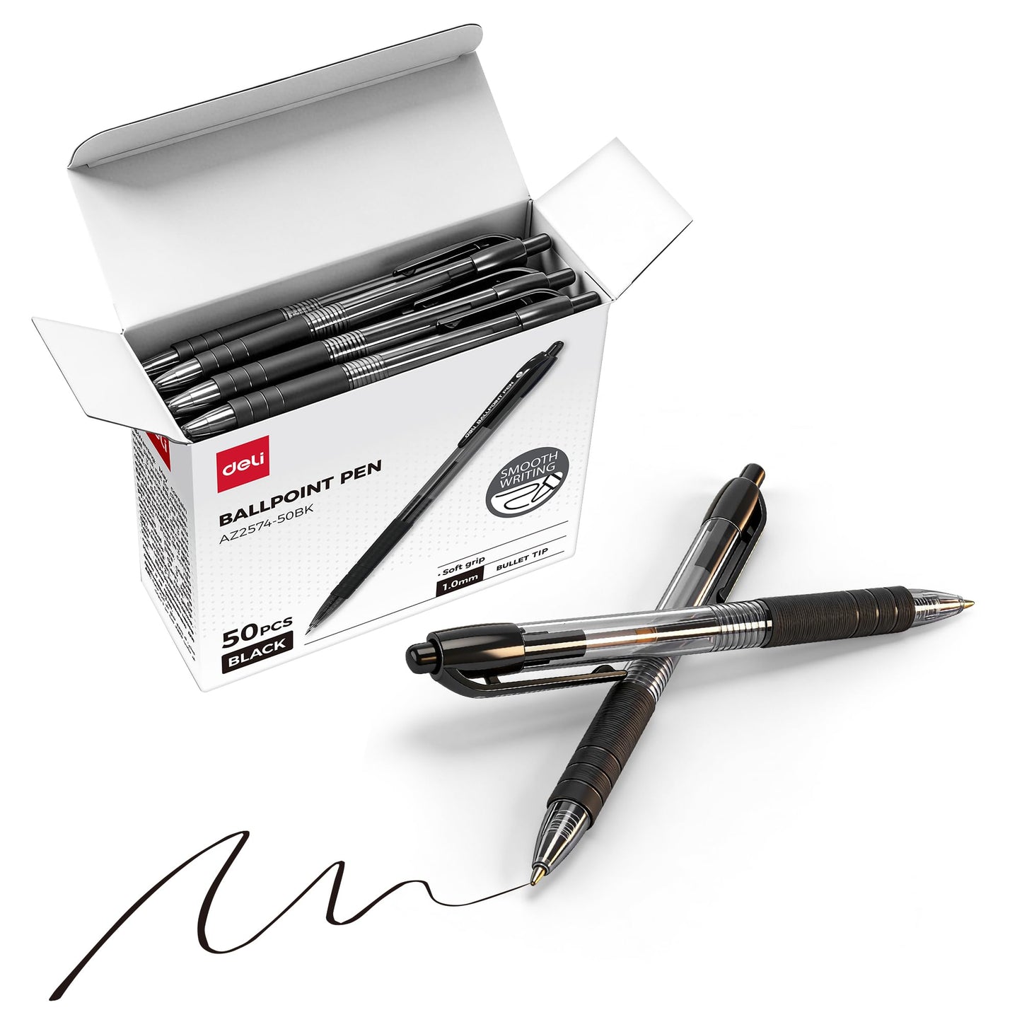 deli Pens Bulk,50 Pack Ballpoint Pens Black Ink 1.0MM Medium Point, Smooth Writing Retractable Pen with Soft Grip, No Bleed,Fast Dry,for Office School Home Use