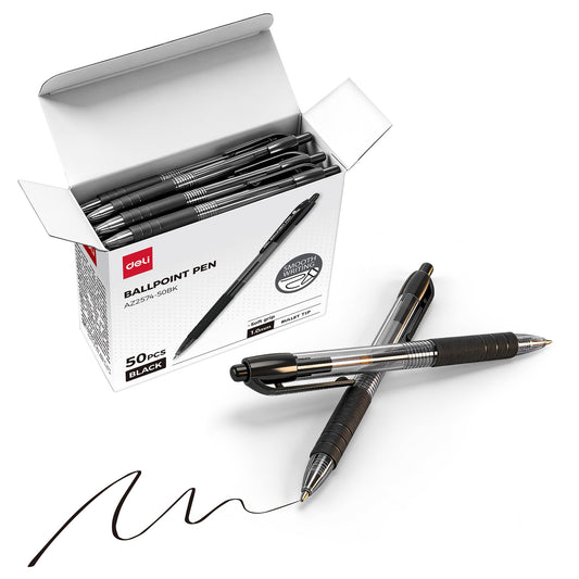 deli Pens Bulk,50 Pack Ballpoint Pens Black Ink 1.0MM Medium Point, Smooth Writing Retractable Pen with Soft Grip, No Bleed,Fast Dry,for Office School Home Use