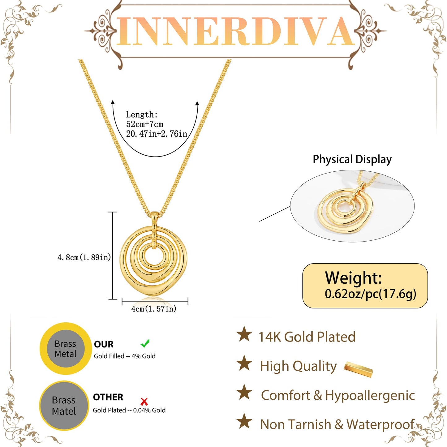INNERDIVA Chunky Gold Pendant Necklace for Women 14k Gold Plated Big Large Dainty Statement Boho Spiral Swirl Charm Necklace with Circle Summer Beach Beachy Ocean Jewelry Coastal Vacation Accessories