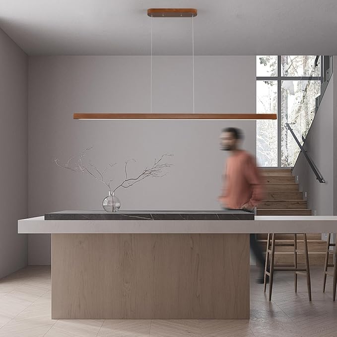 59" Wood Linear Pendant Light Fixtures Modern Led 40w Dimmable Pendant Lighting Kitchen Island Lighting Ceiling Hanging Farmhouse Chandeliers for Dining Room Pool Table Walnut Color