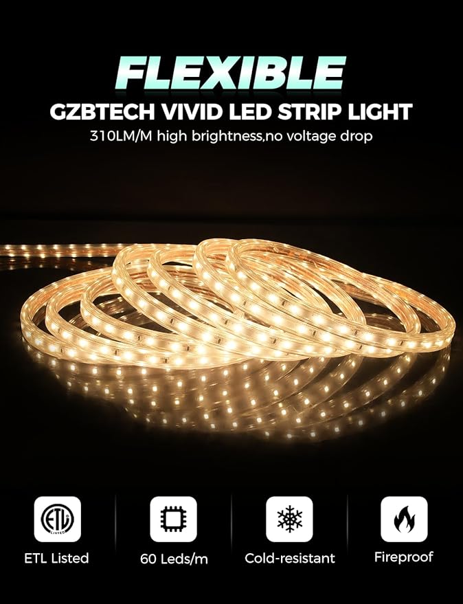 GZBtech AC 110-120V LED Strip Lighting 132FT/40M, 2800K Warm White IP65 Waterproof Outdoor Strip Lights, 60LEDs/M SMD2835 Cuttable & Connectable LED Rope Light for Indoor Outside Exterior, ETL Listed