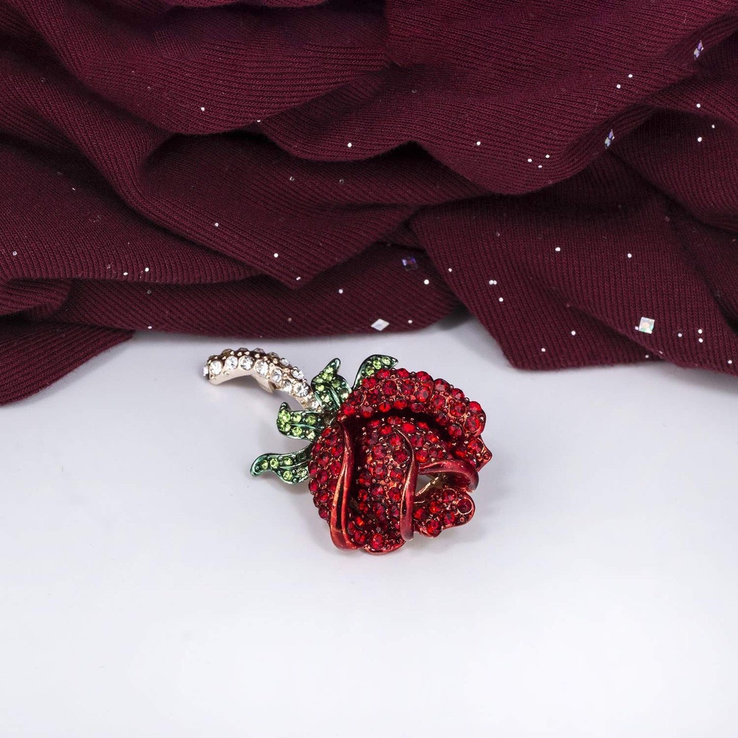 YOQUCOL Elegant Cubic Zirconia Crystal Rhinestone Red Rose Shape Brooch Pin for Women