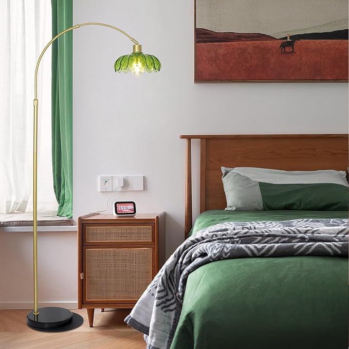 Arc Floor Lamps for Living Room, Gold Floor Lamp with Remote, Glass Standing Lamp for Bedroom, Green Flower Lamp with LED Bulb, Height Adjustable Tall Lamps for Office, Modern Stand Up Lamp Decor