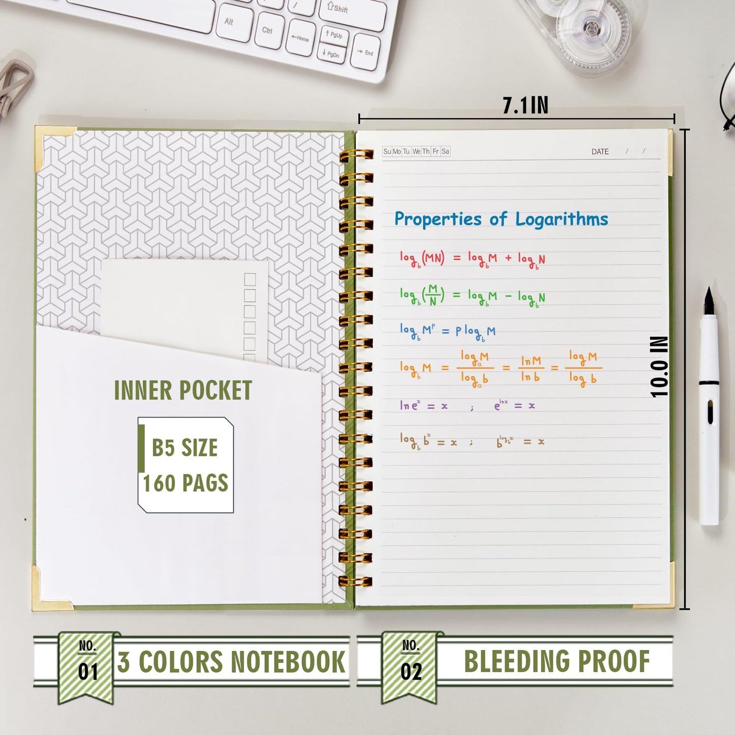 OWSC Lined Spiral Notebook with thick 110 GSM Papers, 320 Pages B5 Size College Ruled Notebook, Hardcover 7.1 x 10 Inches Journal for Women and Men, Notebooks for work, School (2 Pack B5 Grey Green)