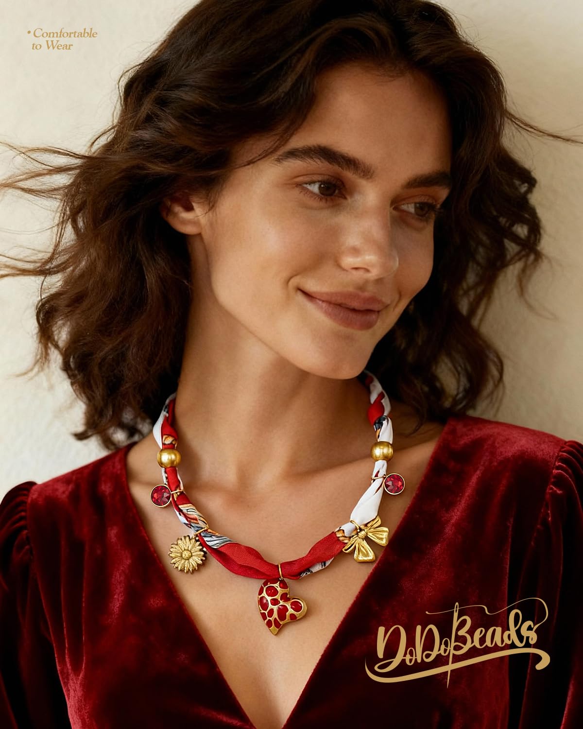DoDoBeads Scarf Charm Necklace – Vintage Love – Red Enamel Heart & Bow Charm Necklace with Gold-Tone Stainless Steel Accents