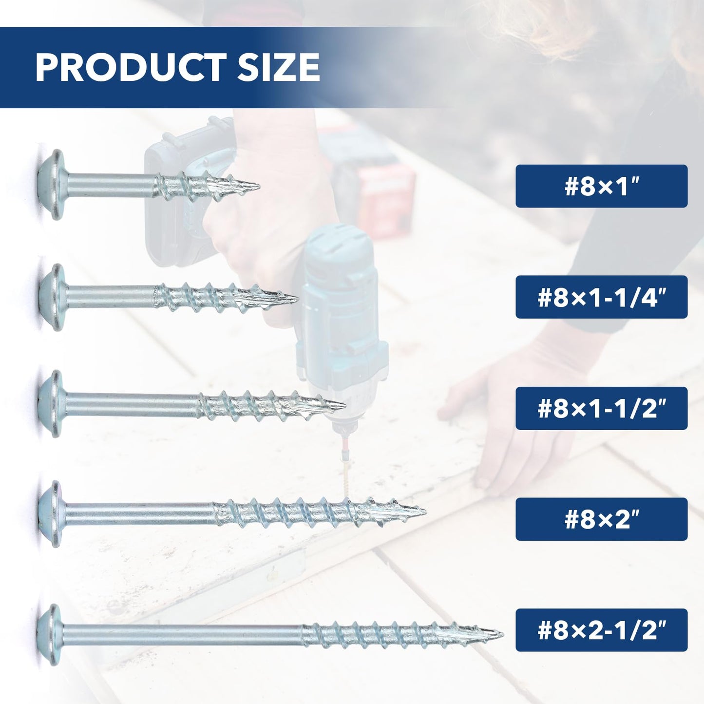 Bobibbi Pocket Hole Screws #8x2-1/2 Zinc, Coarse Thread Wood Screws, Washer Head with Square Drive 300Pcs, 150MM Drive Bit Included