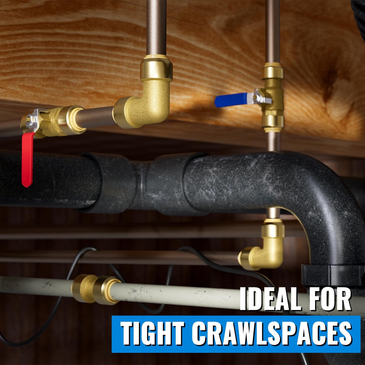 Shut Off Ball Valve 1/2 Inch, SUNGATOR 1/2 Inch Ball Valve, Push-to-Connect Water Shutoff, Easily Match to Pipe using Red and Blue Handle, No Lead Brass Fittings for PEX Pipe, Copper, CPVC, Pack of 2