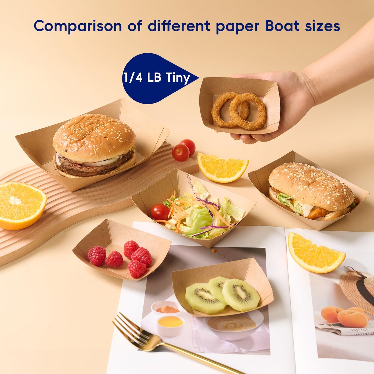 JOLLY CHEF 250 Pack 1/4 Lb Paper Food Trays, Mini Disposable Boat for Gameday, Paper Food Serving Tray for Snack Dessert Taco Nacho (Tiny)