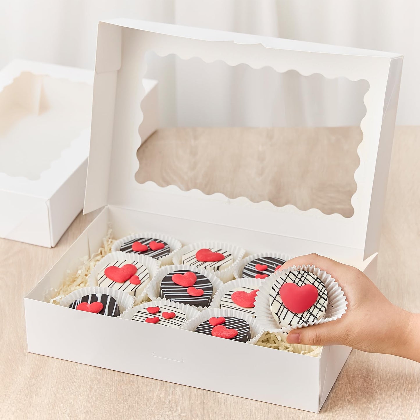 Kucoele 20 PCS Bakery Boxes with Window, 12 x 8 x 2.5 Inches Pastry Boxes Auto-Popup Treat Boxes for Chocolate Covered Strawberries, Cookies, Muffins, Donuts, Breakable Hearts
