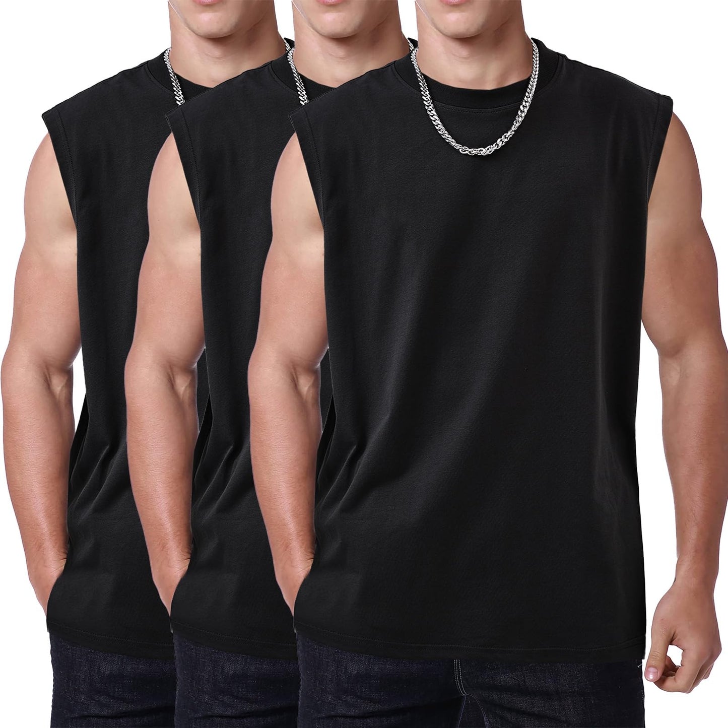 SnowElve 3 Pack Mens Workout Tank Tops Sleeveless Tee Shirts Men Muscle Shirt Gym Cotton T Shirts Running Beach Loose Fit Tee（XZG,BK,3PC,M