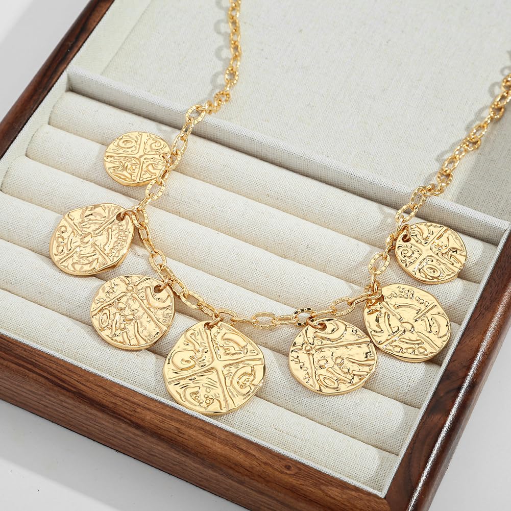 INNERDIVA Gold Chunky Charm Necklace Multiple Coin Pendant Necklace Summer Necklaces Beach Jewelry for Women Present