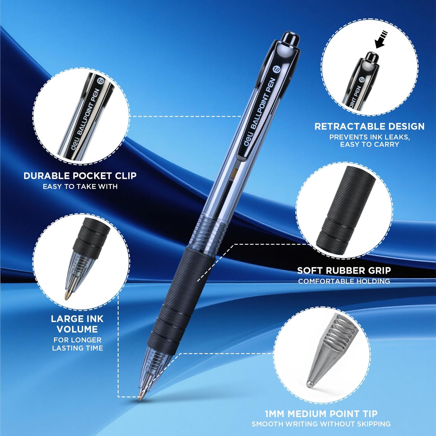 deli Pens Bulk,50 Pack Ballpoint Pens Black Ink 1.0MM Medium Point, Smooth Writing Retractable Pen with Soft Grip, No Bleed,Fast Dry,for Office School Home Use