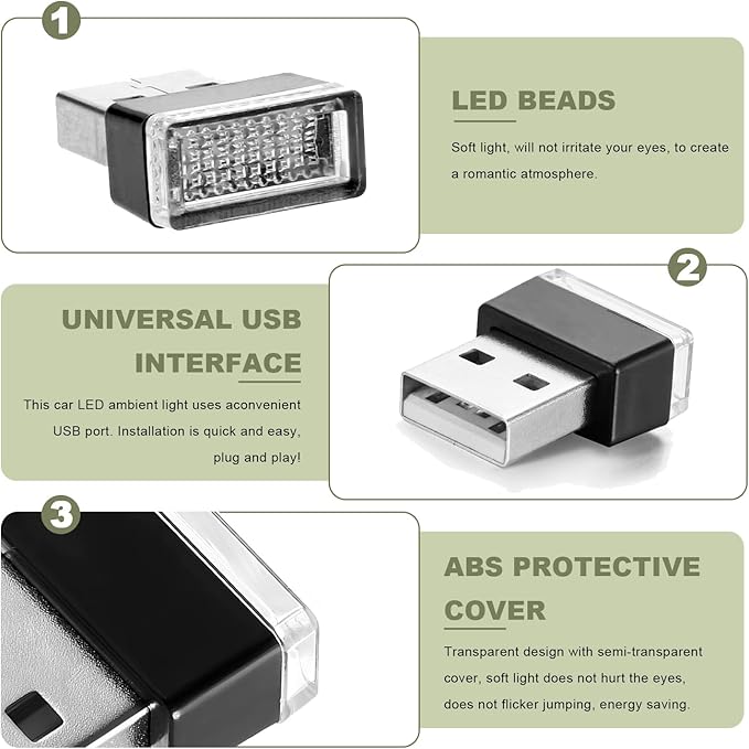 4 PCS USB LED Car Interior Atmosphere Lamp, Mini Night Light Plug-In Trunk Ambient Lighting Kit, Portable USB Interface LED Lamp Interior Decoration for Vehicle Home Office (White)
