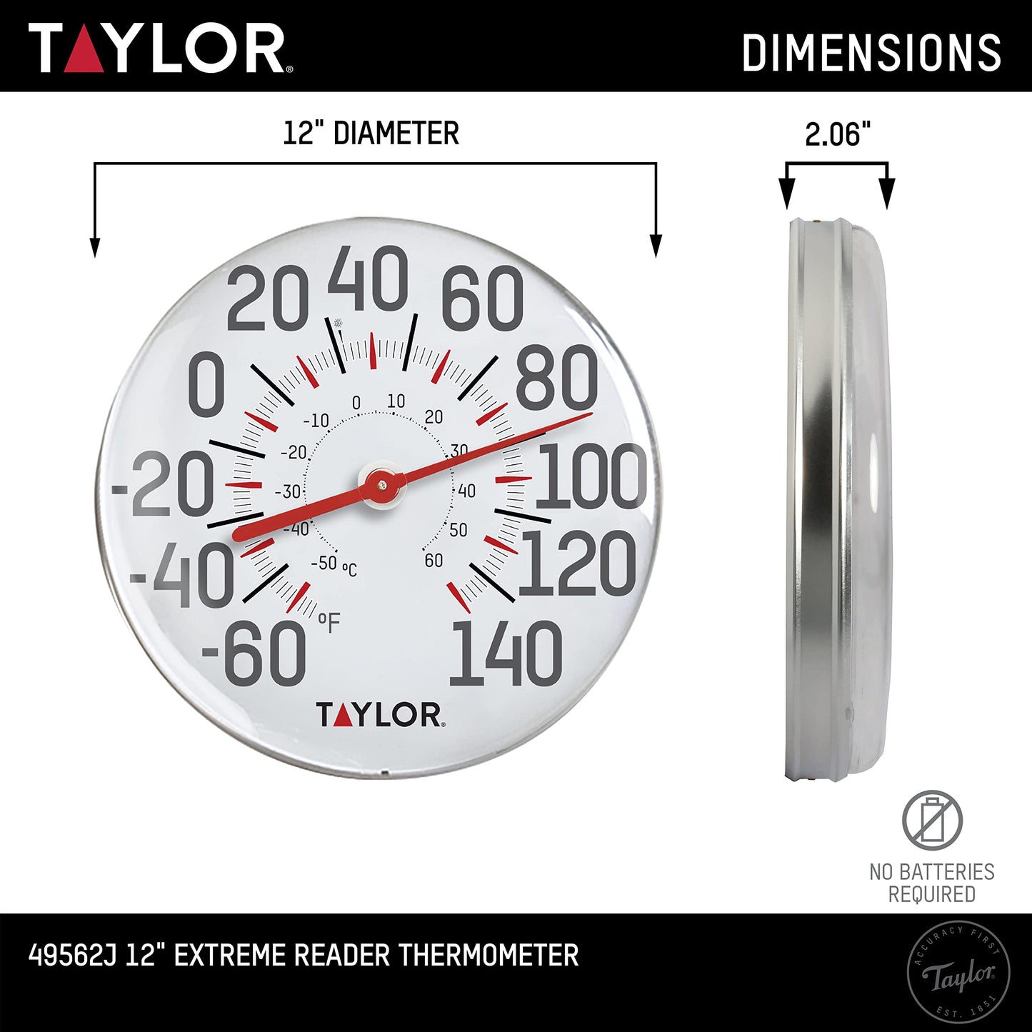 Taylor Metal Wall Indoor Outdoor Thermometer, Wireless Thermometer with Easy to Read Large Numbers for Patio, Pool, and Indoor Areas, 12-inch, White