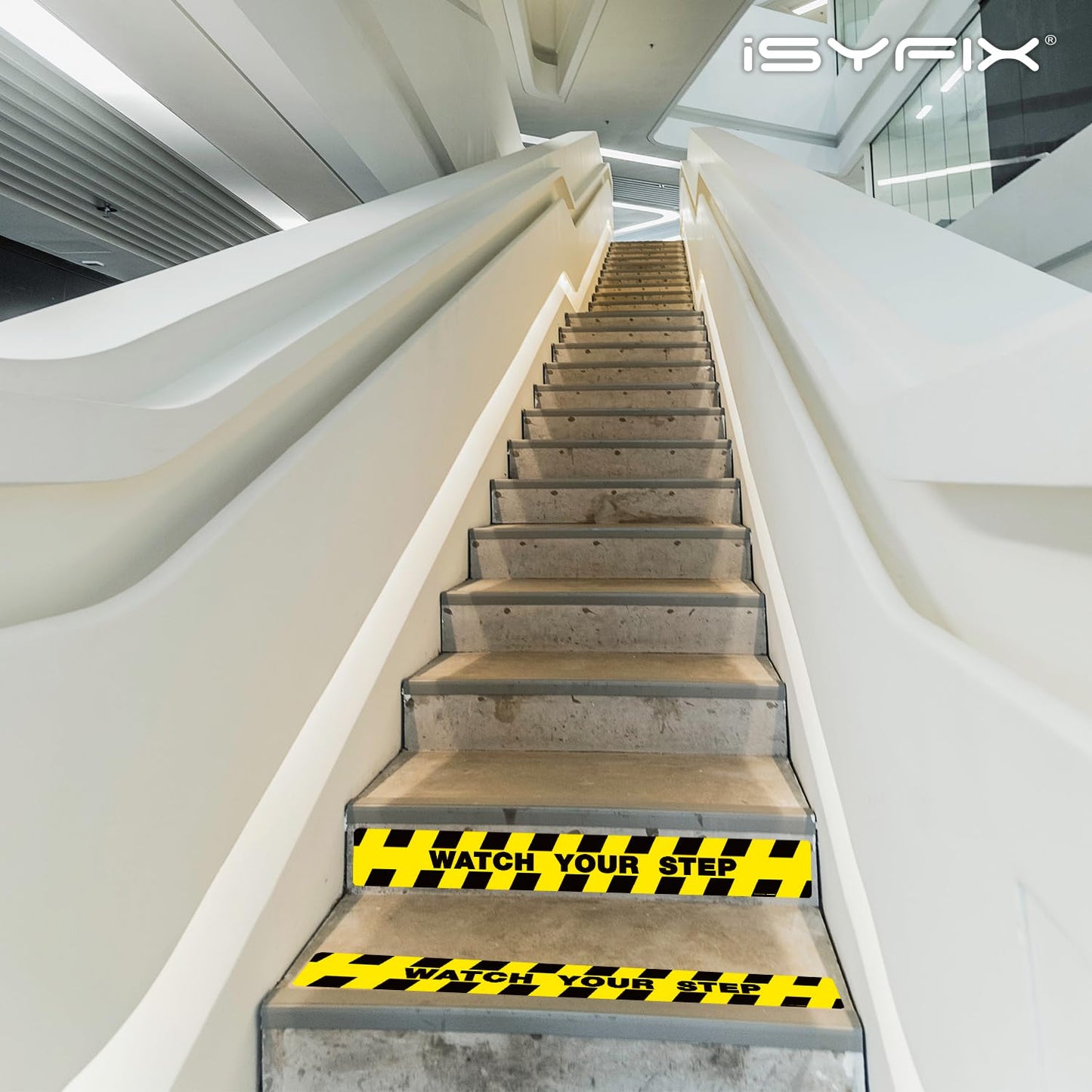 iSYFIX Watch Your Step Floor Decals Stickers - 6 Pack 40x5 Inch - Premium Self-Adhesive Vinyl, Laminated Anti-Slip, Water Resistance, Sticker Indoor & Outdoor