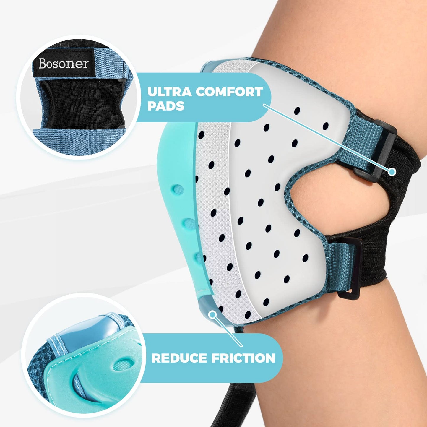 BOSONER Kids/Youth Knee Pad Elbow Pads Guards Protective Gear Set for Roller Skates Cycling BMX Bike Skateboard Inline Skatings Scooter Riding Sports Light Blue Medium(9-15 Years)