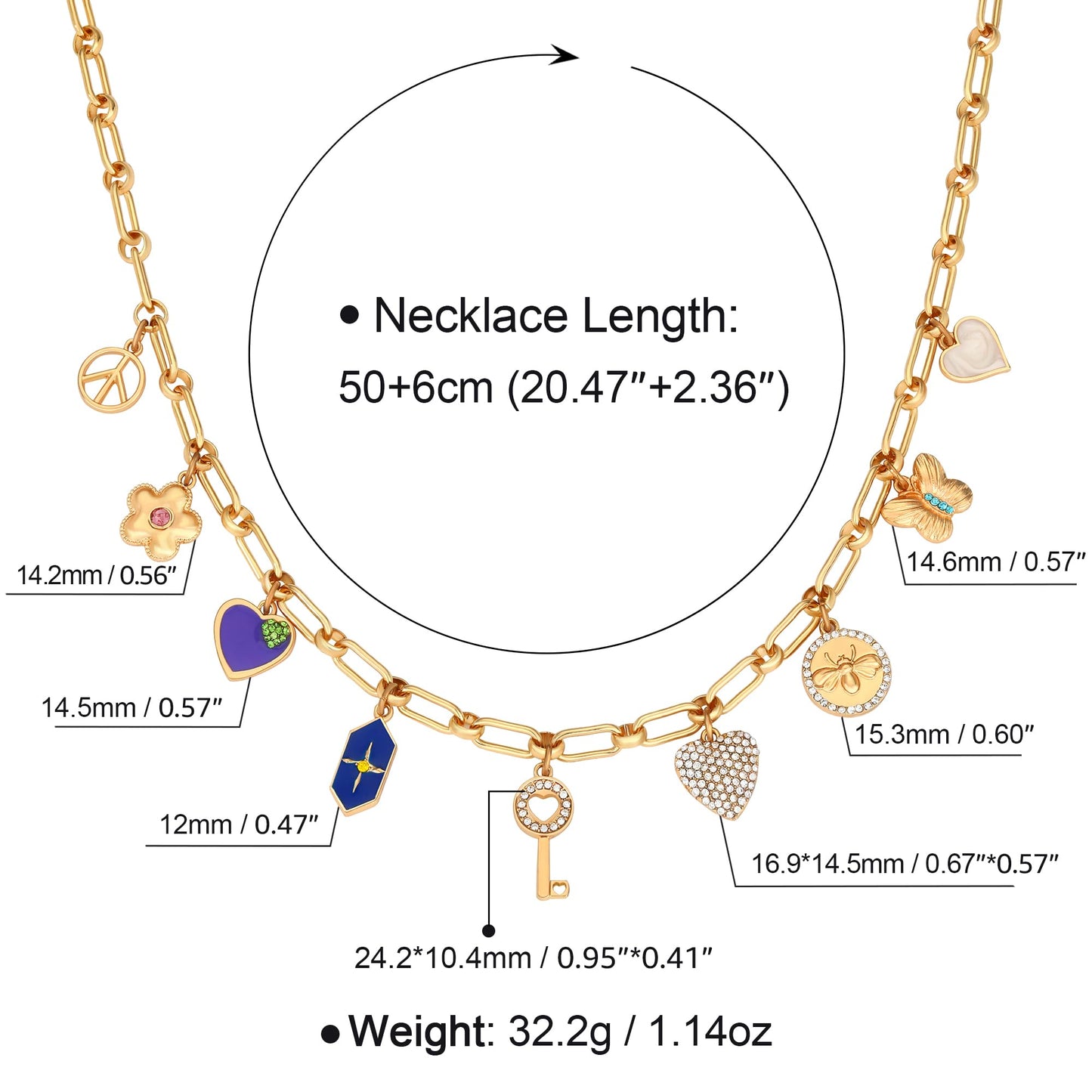 BONJOULRY Charm Necklace for Women Gold Cute Love Heart Key Peace Cross Flower Butterfly Coin Pendant Necklace Dainty Paperclip Chain Charms Choker Necklace Y2K Preppy Jewelry Key
