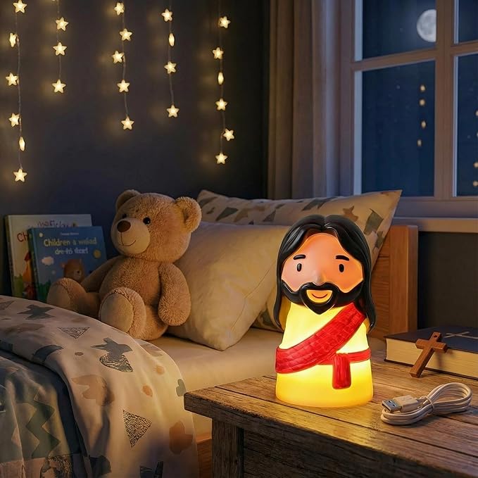 Cute Jesus Night Light, Jesus Gift, Dimmable PVC Christian Lamp, USB Rechargeable Touch Bedside Light, Baptism Favor, Easter & Religious Gifts (3 x 5 Inch)(Red)