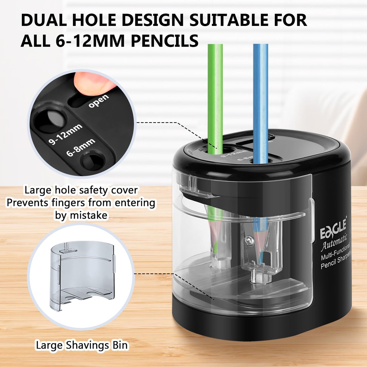 Eagle Electric Pencil Sharpener, Battery or USB Operated, Dual Holes, Dual Blades, fit for Pencils of Size 6-8mm and 9-12mm (Black)