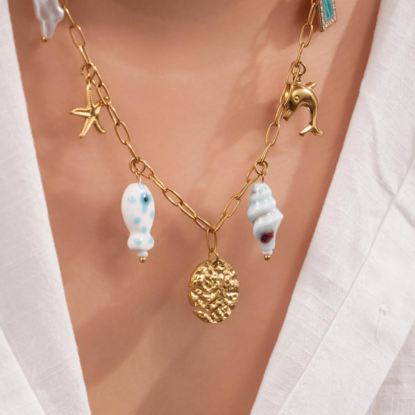 Chunky Gold Necklace Statement Boho Beach Ocean Summer Stainless Steel Jewelry Shell Starfish Turquoise Dolphin Pearl Sun Flower Wave Heart Fish Charm Choker Necklaces for Women(Wave)