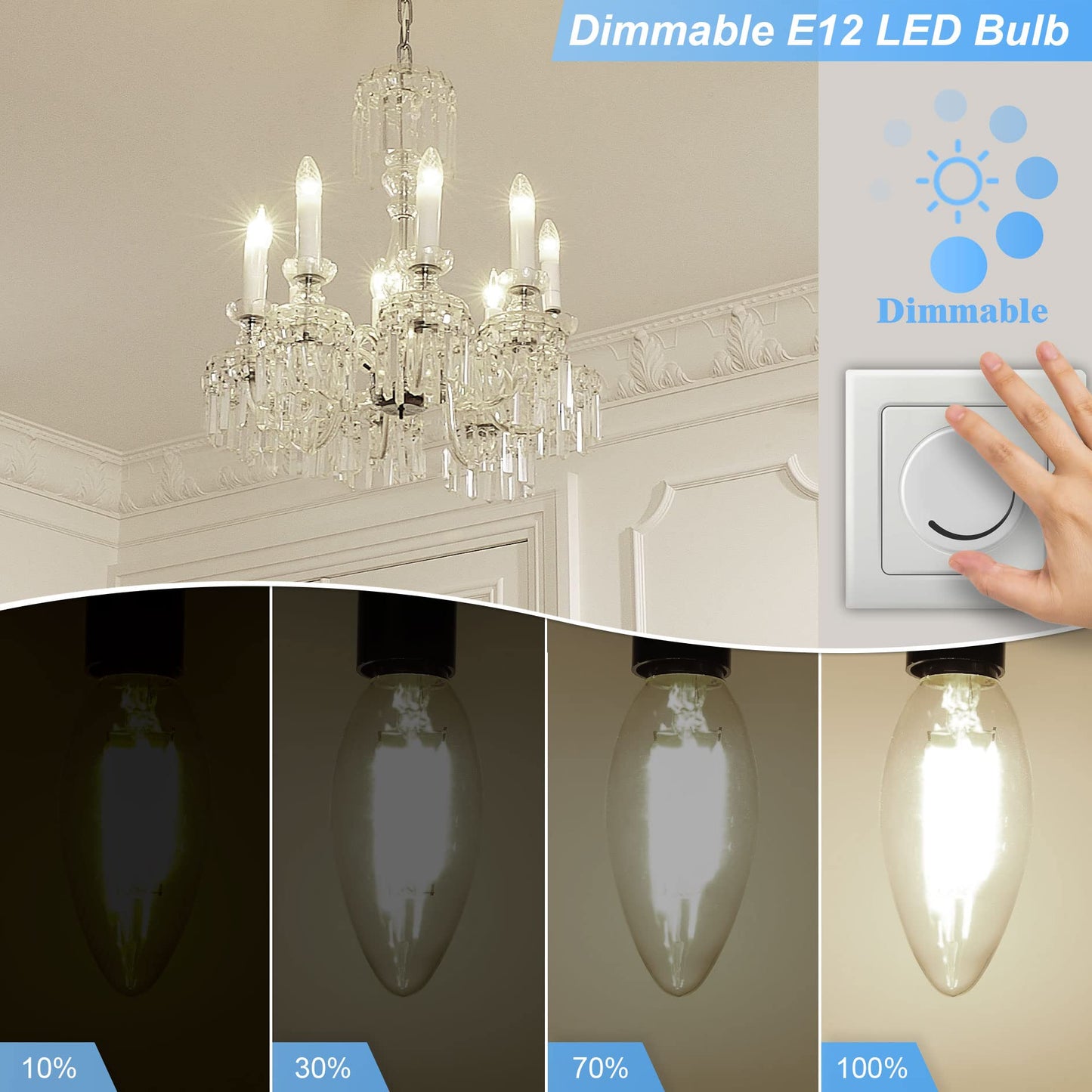 GOLSPARK Dimmable E12 LED Bulb 40W Equivalent, 4000K Natural Daylight Candelabra LED Light Bulbs 4W, 400LM, CRI 85+, Type B Bulb, Clear Filament Candle Light Bulbs for Chandelier Ceiling Fan, 6 Pack