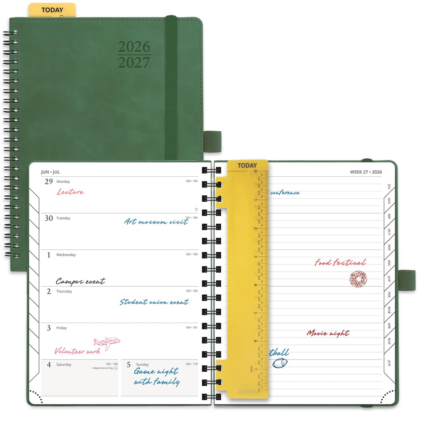 POPRUN Weekly Planner 2026-2027, 6.5" x 8.5", (July 26-June 27) Academic Weekly and Monthly Planner, Calendar Notebook 2026-2027 Agenda for School, College, Spiral Leather Softcover - Green