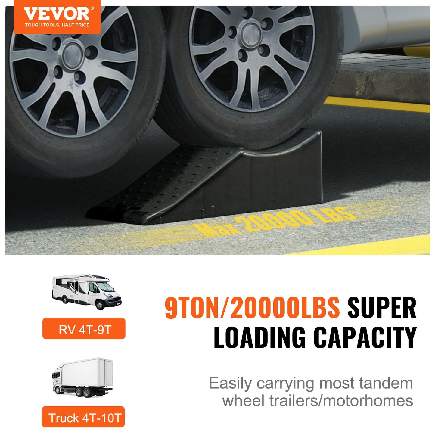 VEVOR 1Piece Vehicle Ramp 20000 lbs/9 Ton Capacity Car Service Ramp, Effortlessly Lift 5.5" High, Durable Nonslip & Portable, for Routine Tire Replacement Repairs, Work with Tandem Wheel Vehicles