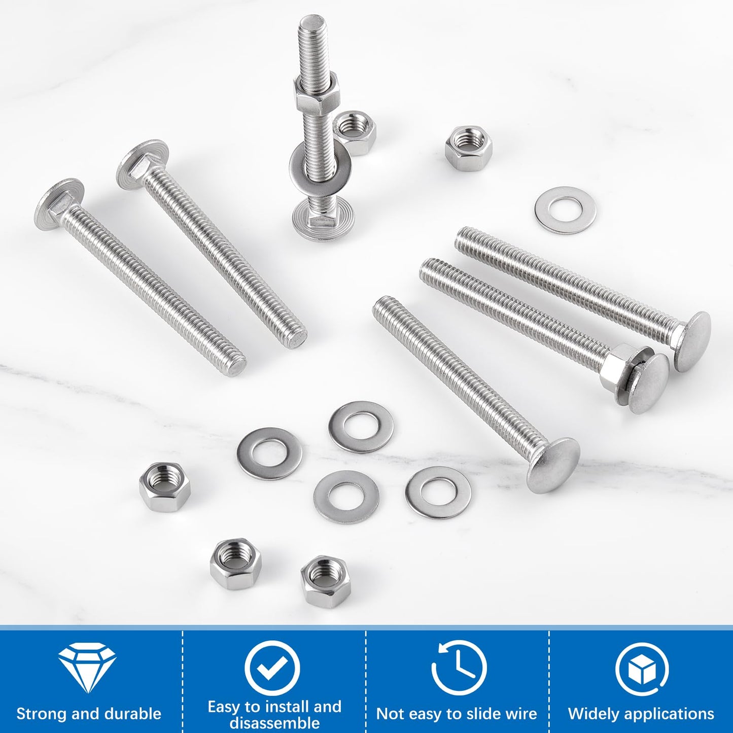 Zonon 25 Sets 3/8-16 x 3-1/2 Stainless Steel Carriage Bolts and Nuts Kit Round Head Square Neck Carriage Bolts Screws and Hex Nuts and Flat Washers, Stainless 18-8 Full Thread Coverage (Silver)