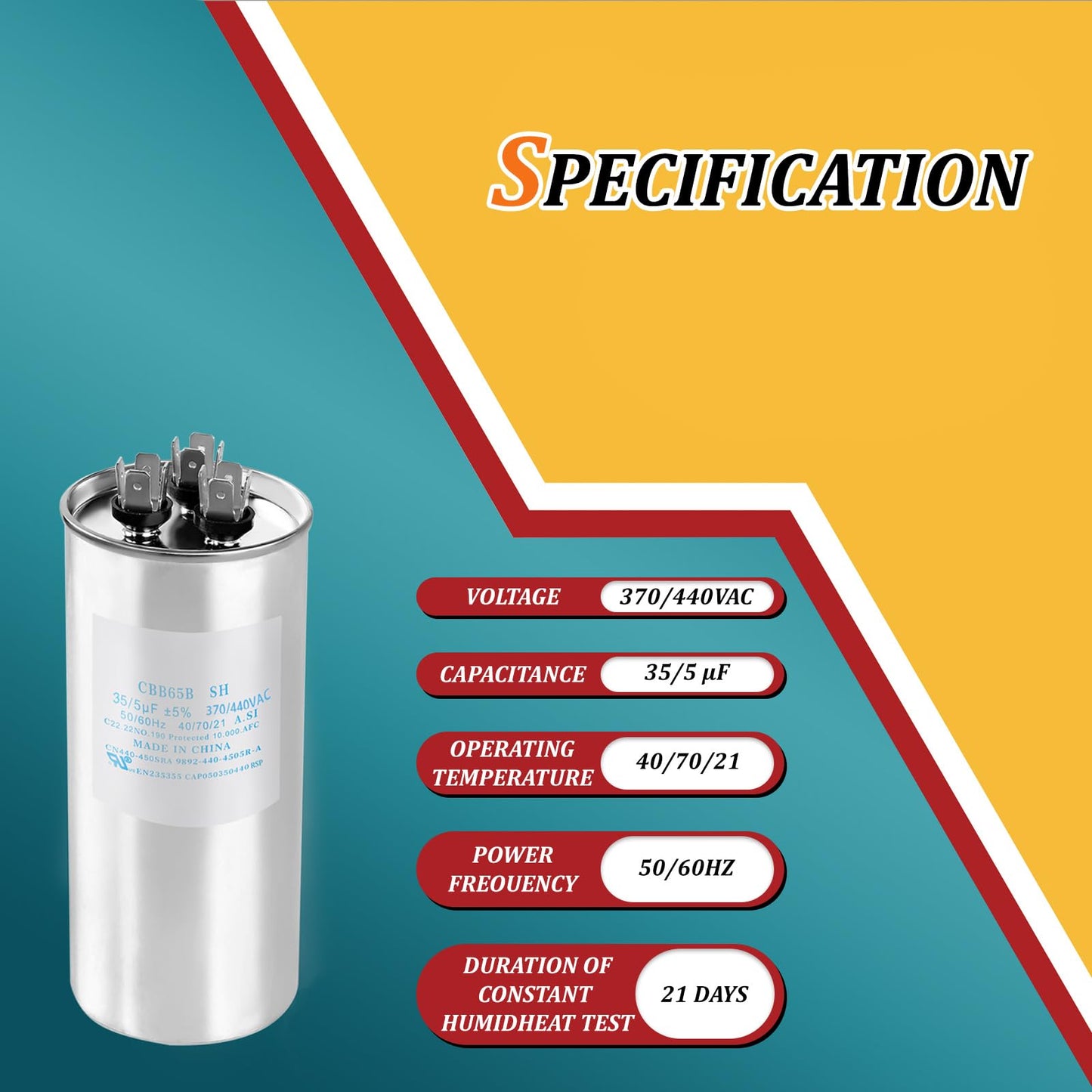WSRXG CAP050350440rsp CAP050350440CS 35+5 µF/MFD 370/440V AC Round Dual Run Capacitor – Universal Replacement for HVAC A/C Compressor and Fan Motor