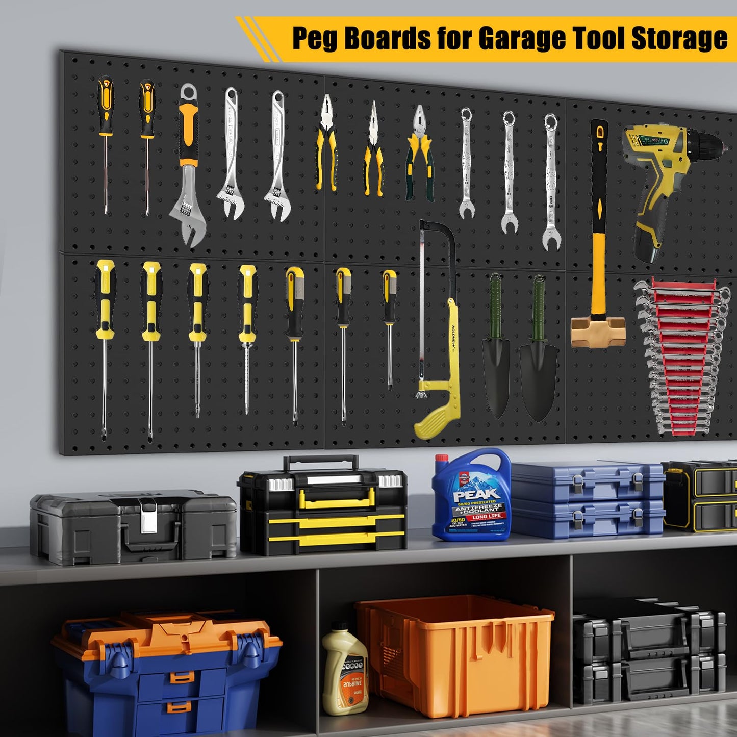 PBHEPJ 8 Pcs Metal Pegboard Panels, Heavy Duty Peg Boards for Garage and Garden Tool Storage, Includes Drywall Anchors and Screws Kits, Black (8 pcs 16in x 12in)